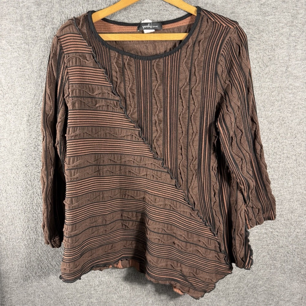 Yushi Crinkle Textured Ruffle Asymmetrical Art To Wear Top Brown Made USA Size L